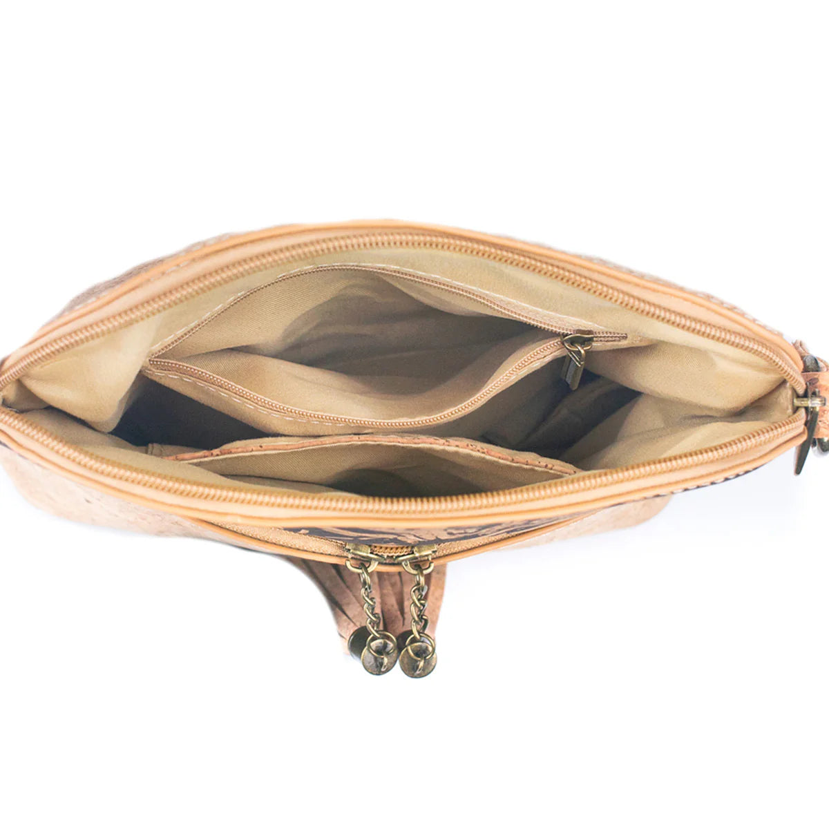 Interior view of cork crossbody bag showing inner zip pocket and compartments