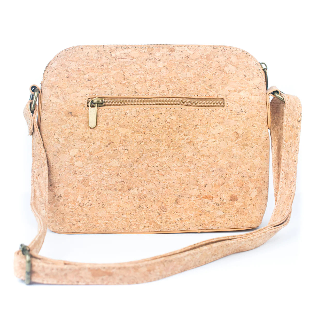 Back of natural cork crossbody bag with rear zipper pocket