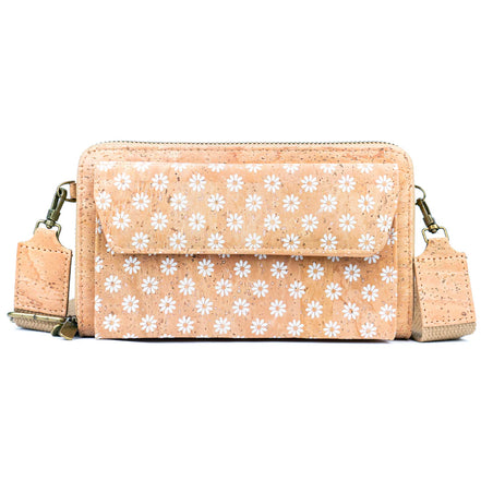 Sweet Daisy natural cork crossbody purse with white daisy print