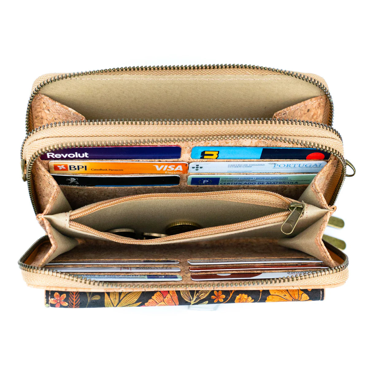 Interior of eco-friendly cork purse showing card slots and zipper pocket