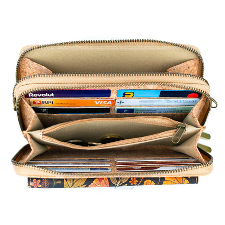 Interior of eco-friendly cork purse showing card slots and zipper pocket