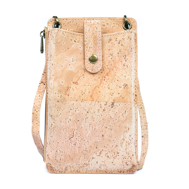 Front view ‚Äì natural cork women‚Äôs phone pouch with snap closure and crossbody strap