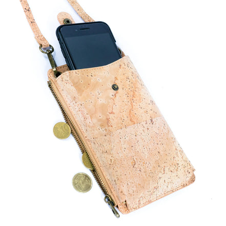 Phone inside pouch with zipper coin compartment open ‚Äì natural cork design