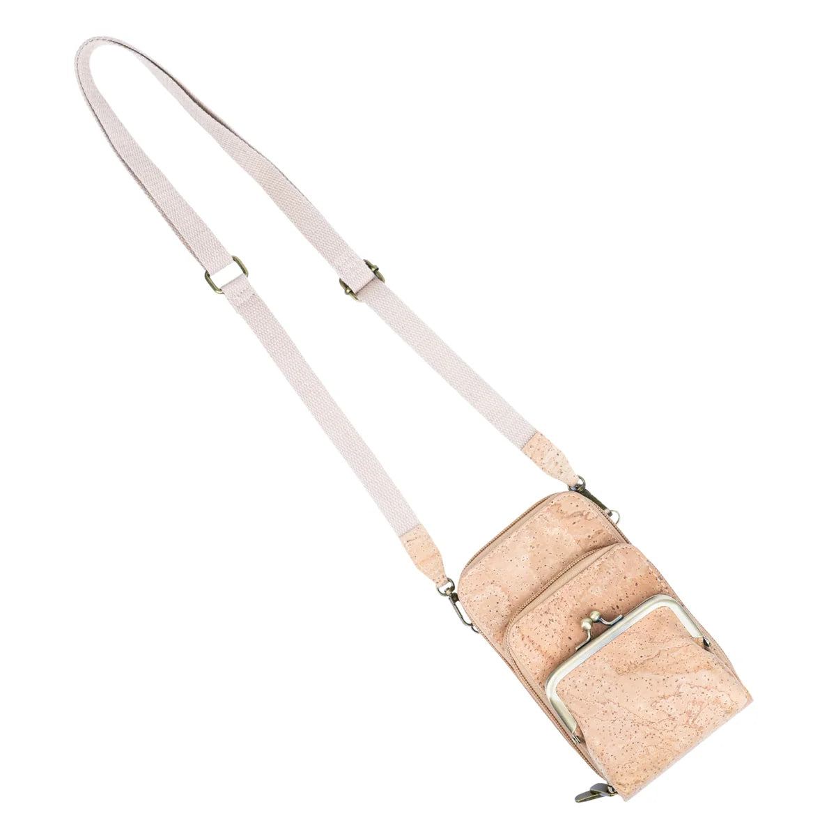 Sustainable cork phone pouch with adjustable strap and multi pockets