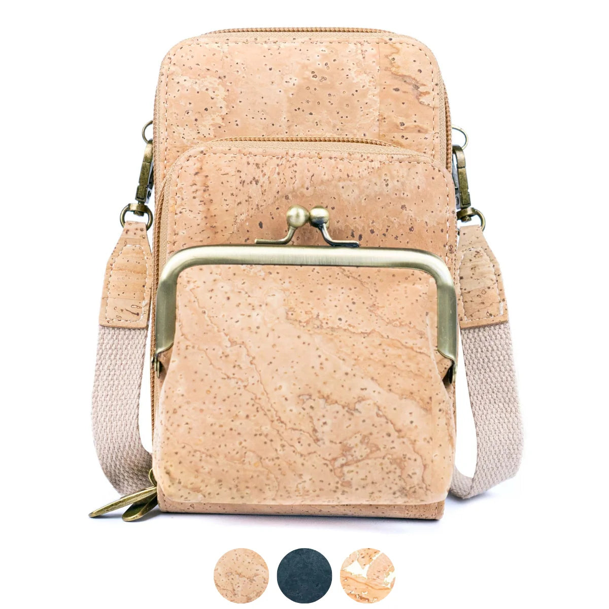 Keep your essentials organized in sustainable style with this compact, eco-friendly Cork Phone Bag and wallet. 