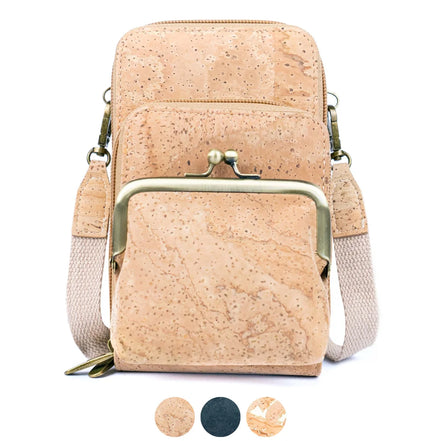 Keep your essentials organized in sustainable style with this compact, eco-friendly Cork Phone Bag and wallet. 