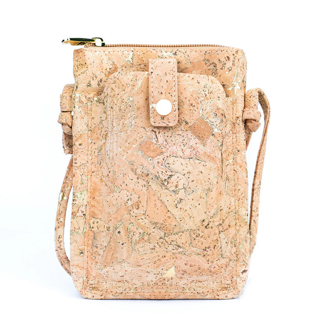 Natural cork phone pouch with gold accents and magnetic closure front pocket