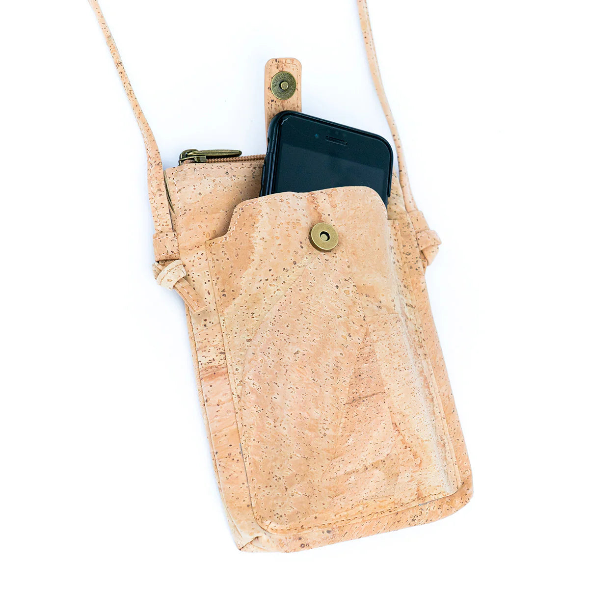 Smartphone in front magnetic pocket of natural cork pouch