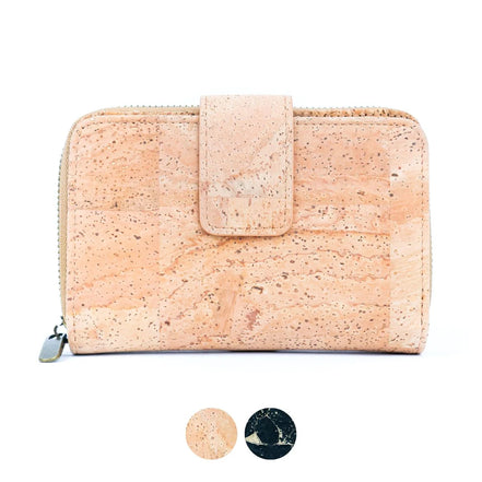Medium natural cork wallet front view with snap closure