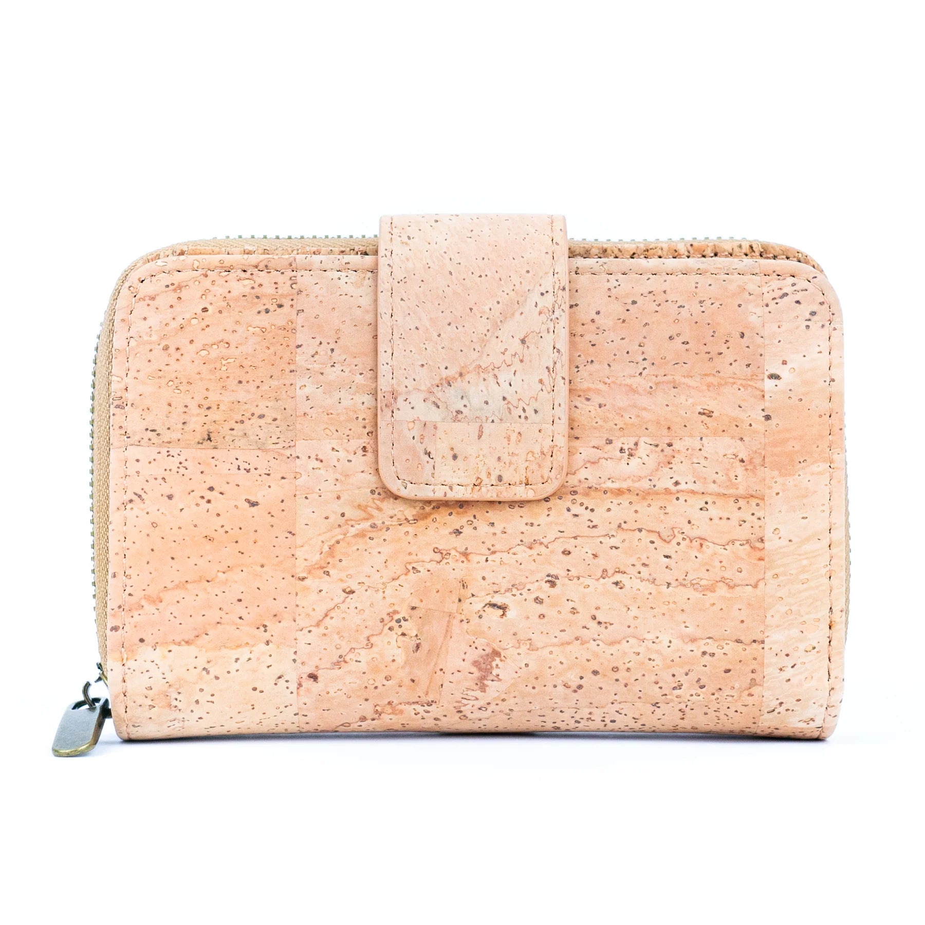 Medium natural cork wallet front view with snap closure