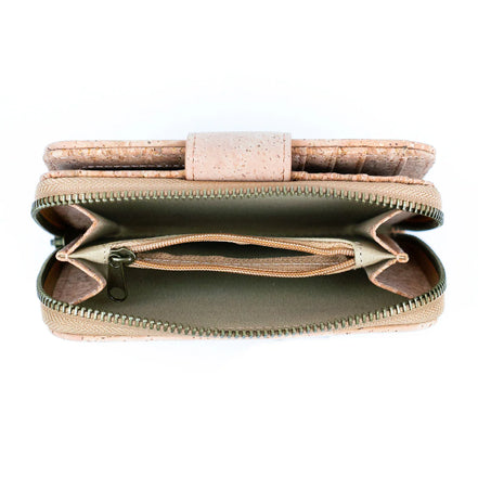 Top view of open medium cork wallet showing zippered coin pocket