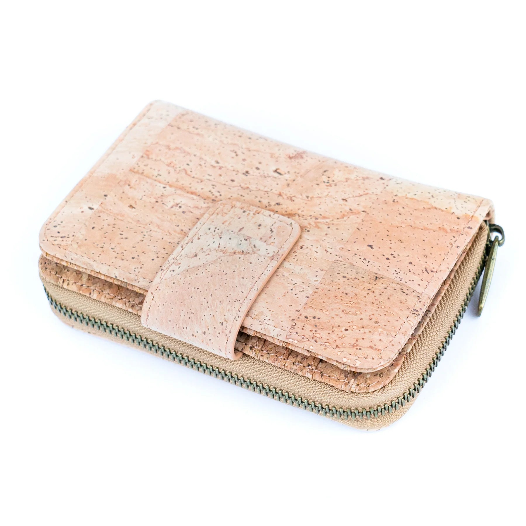 Closed cork wallet angled view displaying texture and stitching
