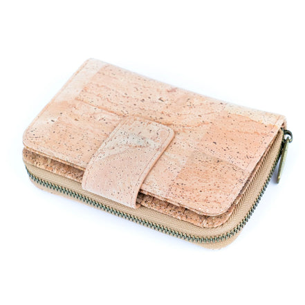 Closed cork wallet angled view displaying texture and stitching