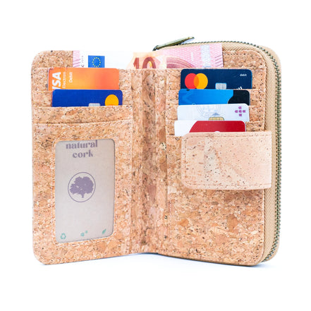 Interior view Medium natural cork wallet front view with snap closure