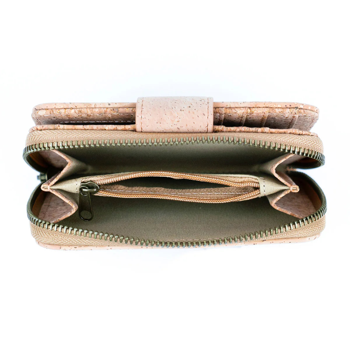 Interior view Medium natural cork wallet front view with snap closure