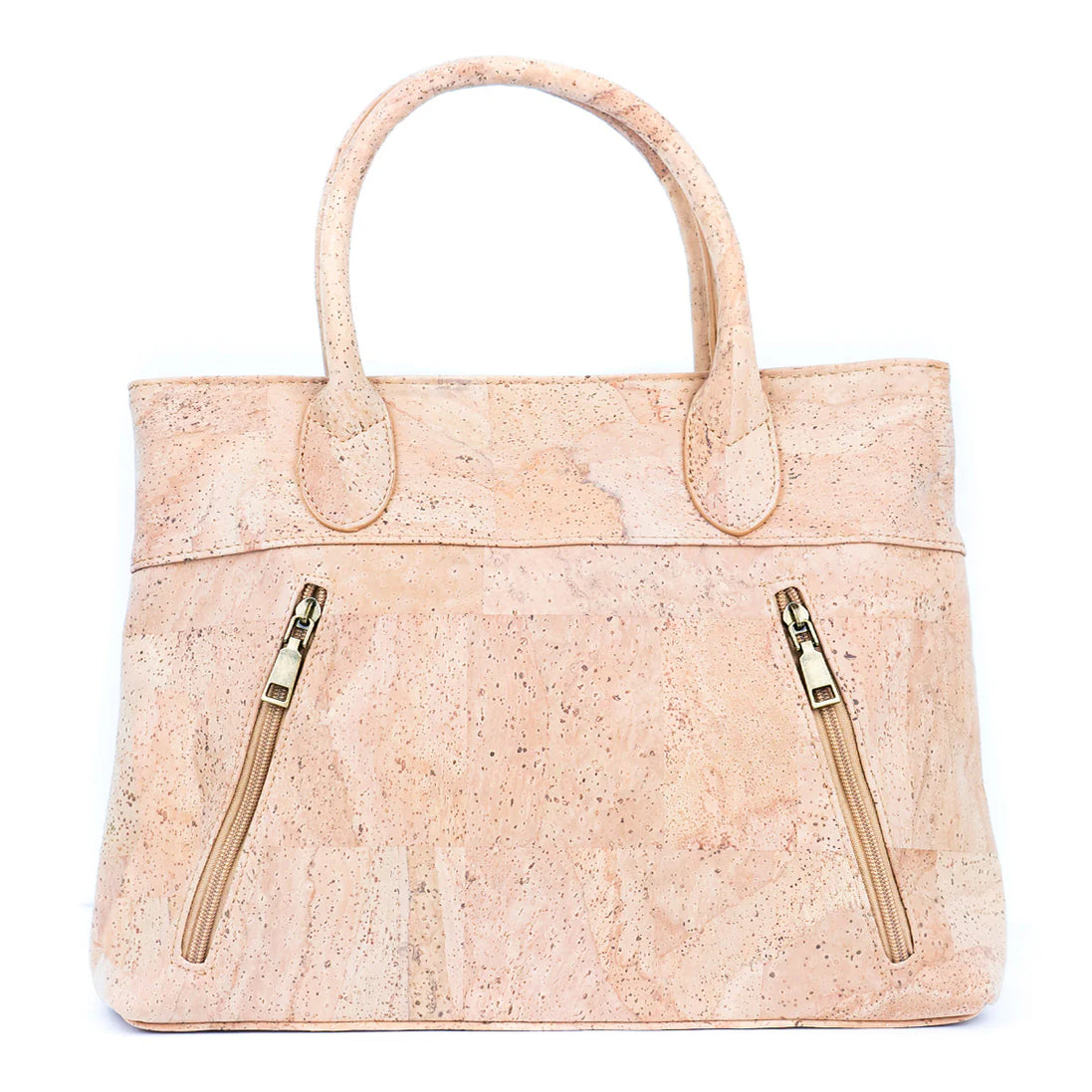 Front view of natural cork women‚Äôs handbag with diagonal zip pockets