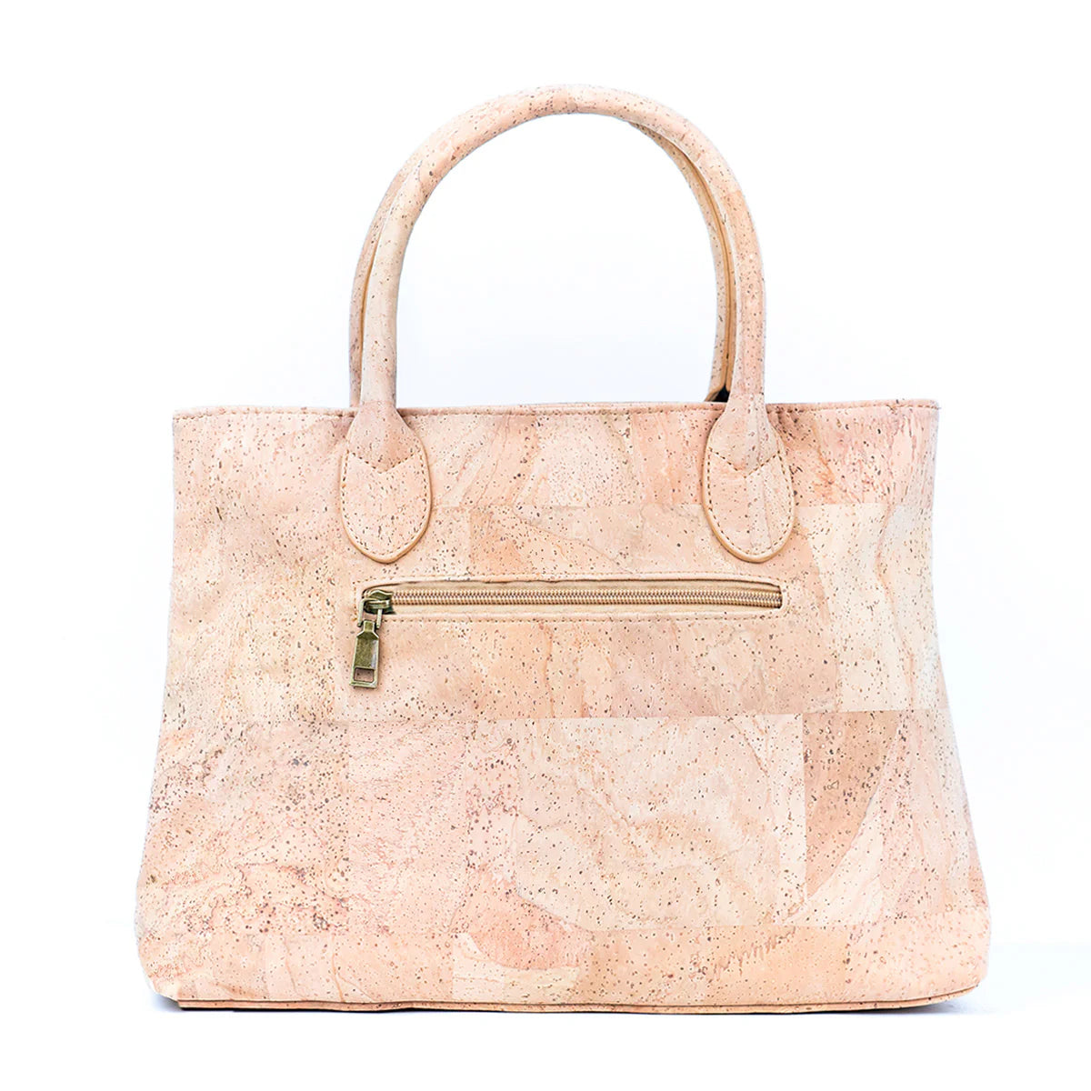 Back of natural cork handbag with external zip pocket