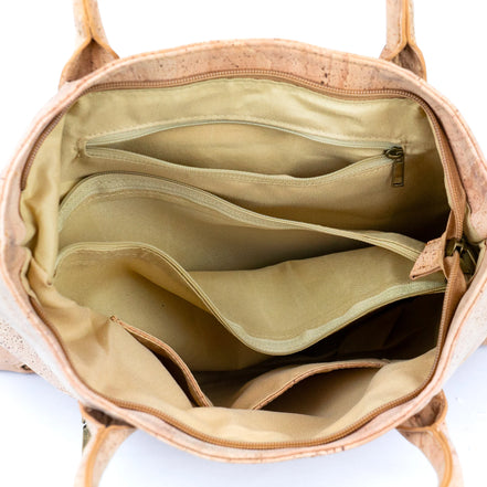 Roomy interior view of luxurious cork handbag