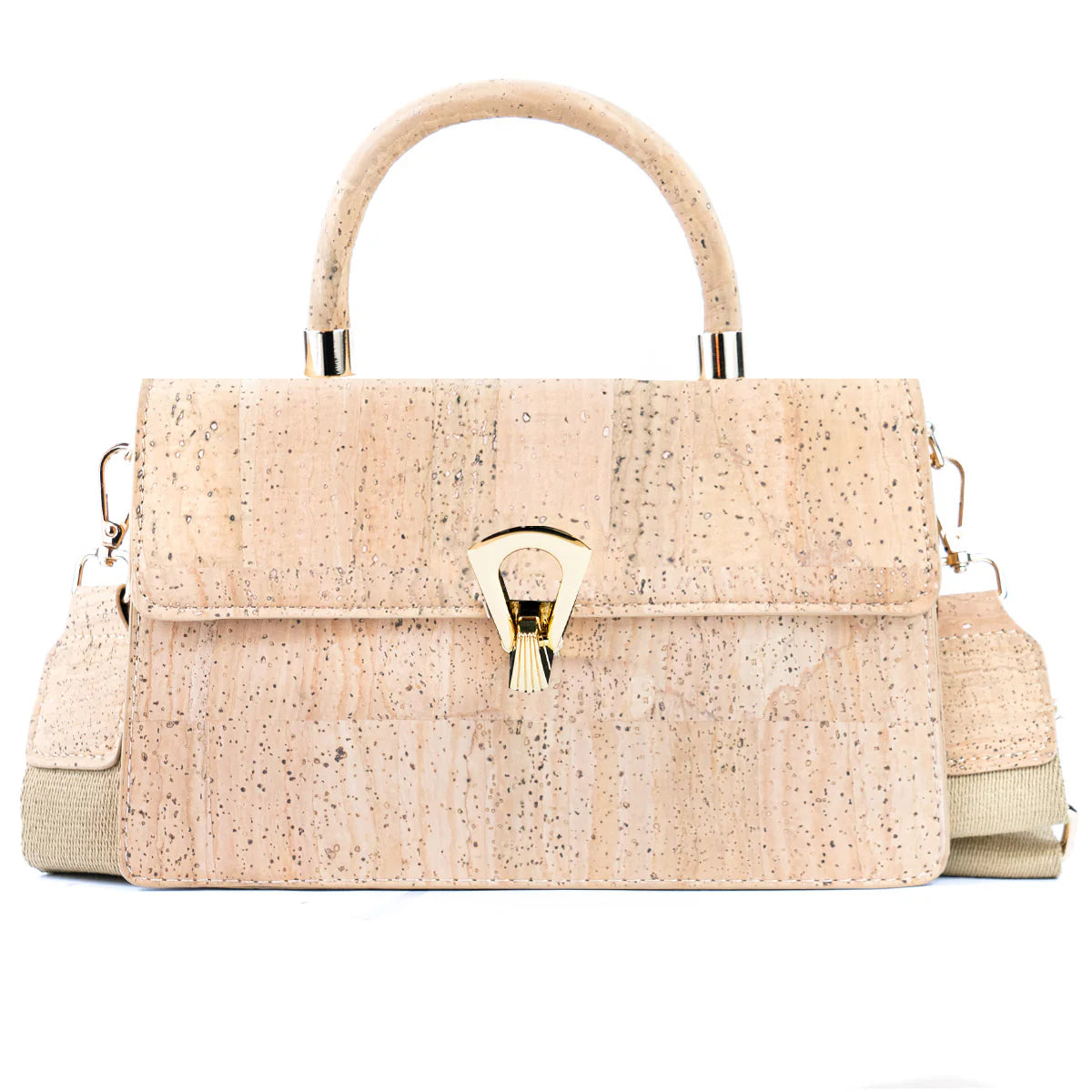Natural cork top-handle handbag with gold clasp front view