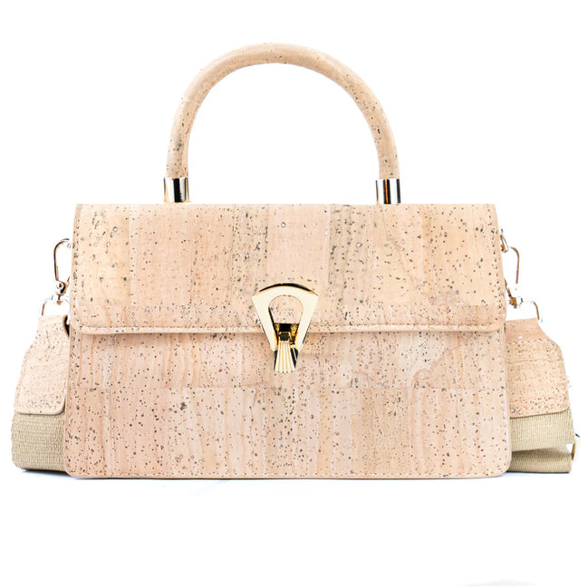 Natural cork top-handle handbag with gold clasp front view