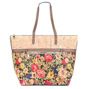 Dark background Floral printed cork tote bag with faux leather handles and front zipper pocket
