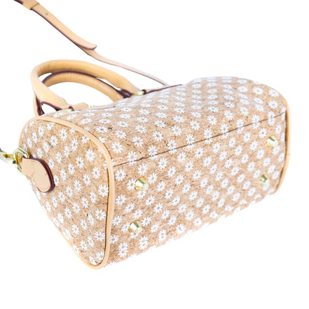 Floral Cork Crossbody Barrel Bag front view with daisy pattern and leather handles