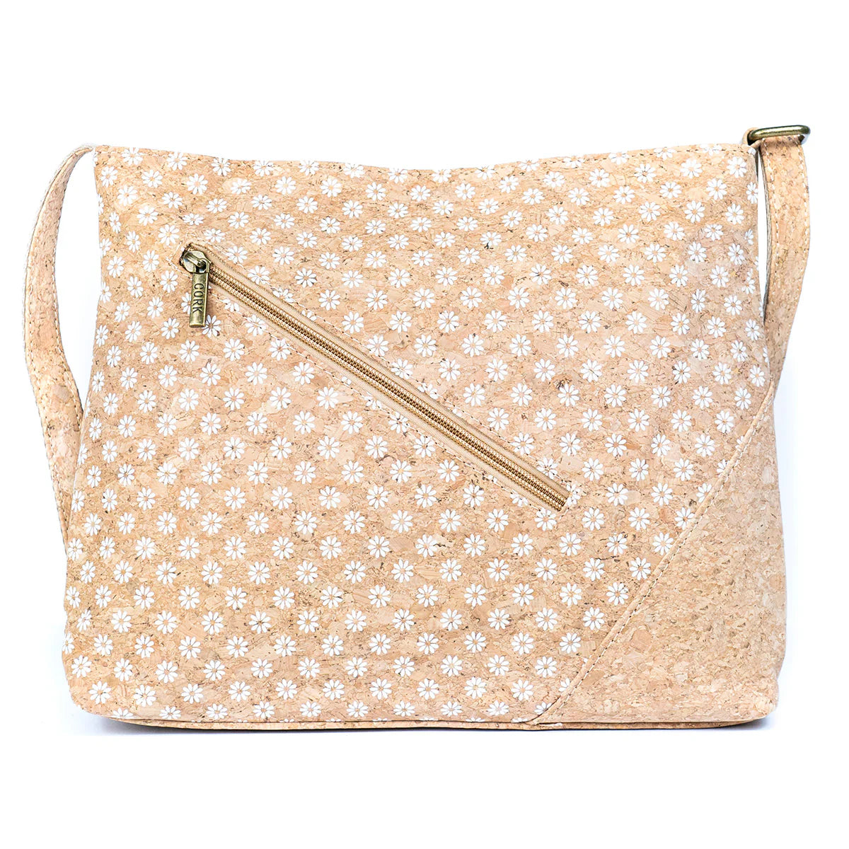 Natural cork crossbody bag front view with floral cork print