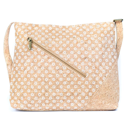 Natural cork crossbody bag front view with floral cork print