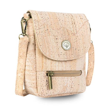 Natural cork crossbody phone bag with vintage turn lock and front zipper pocket