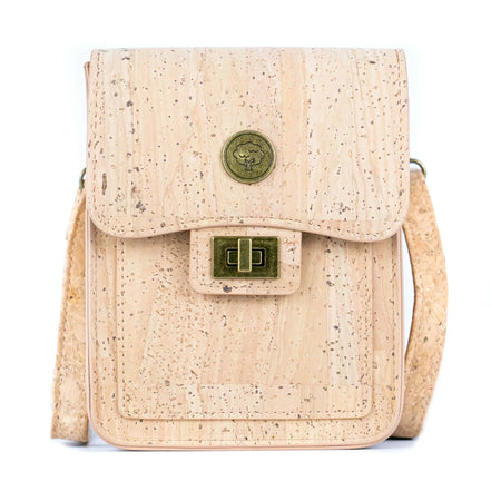 Natural cork crossbody phone bag front view with twist lock