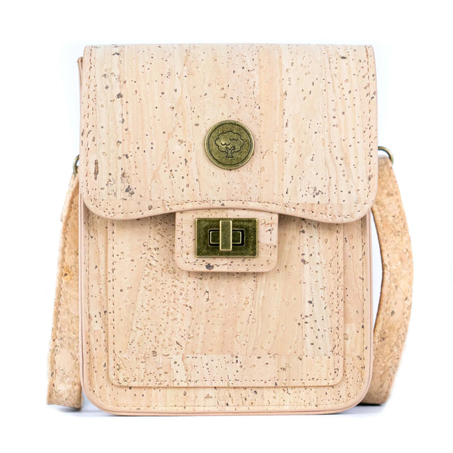 Natural cork crossbody phone bag front view with twist lock