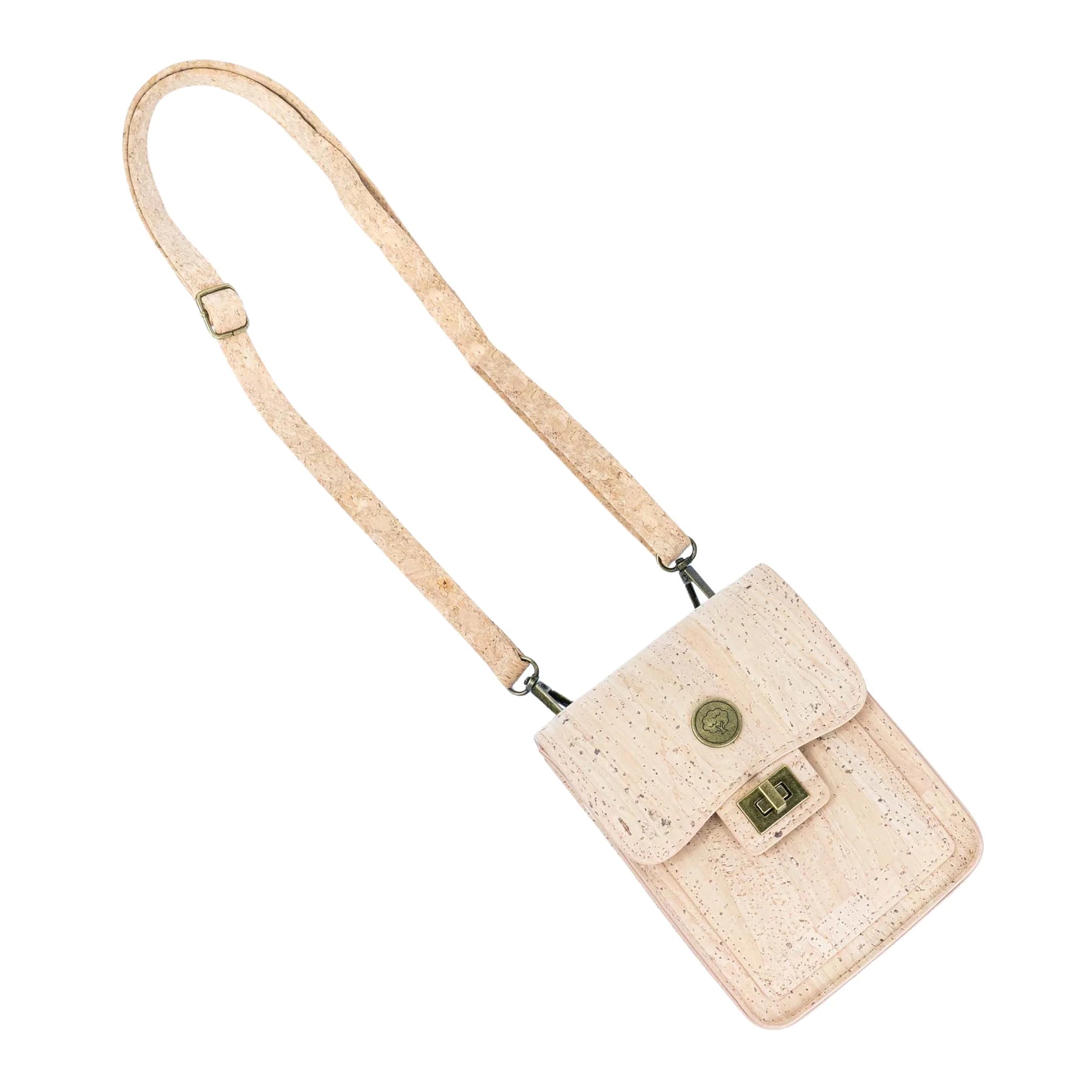 Cork crossbody phone bag full length with strap displayed