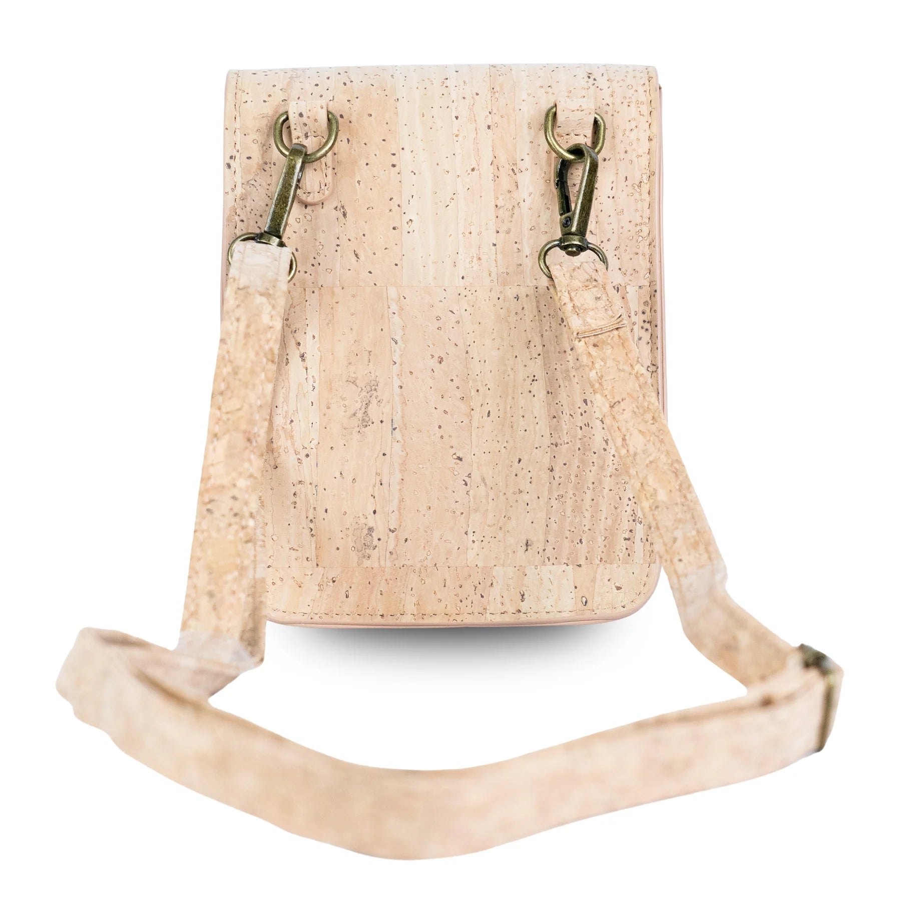 Back view of cork crossbody bag with detachable strap hooks
