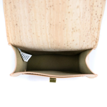 Interior view of minimalist cork phone bag compartment