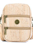 Front view of natural cork crossbody phone bag with dual zippers