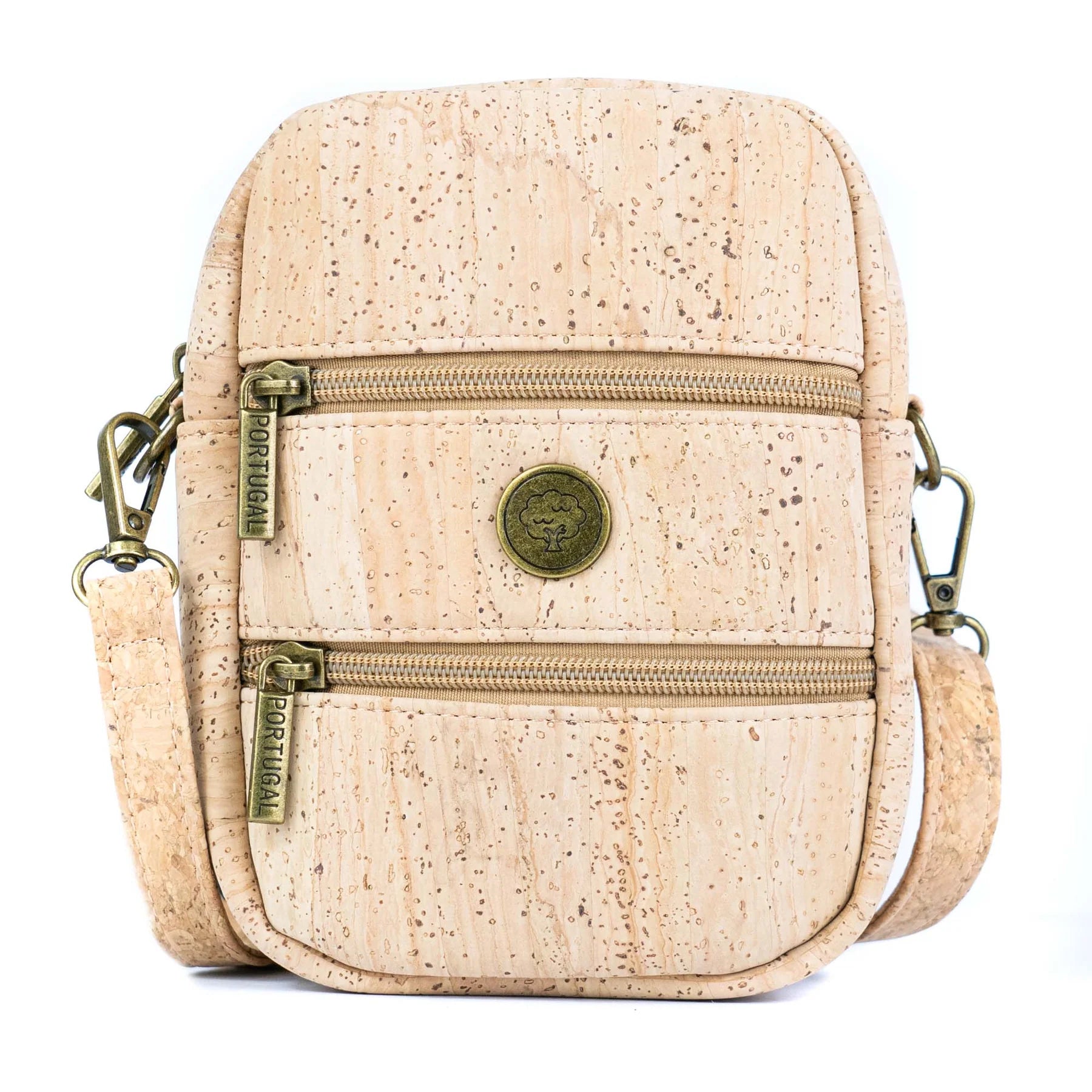 Front view of natural cork crossbody phone bag with dual zippers