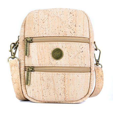 Front view of natural cork crossbody phone bag with dual zippers