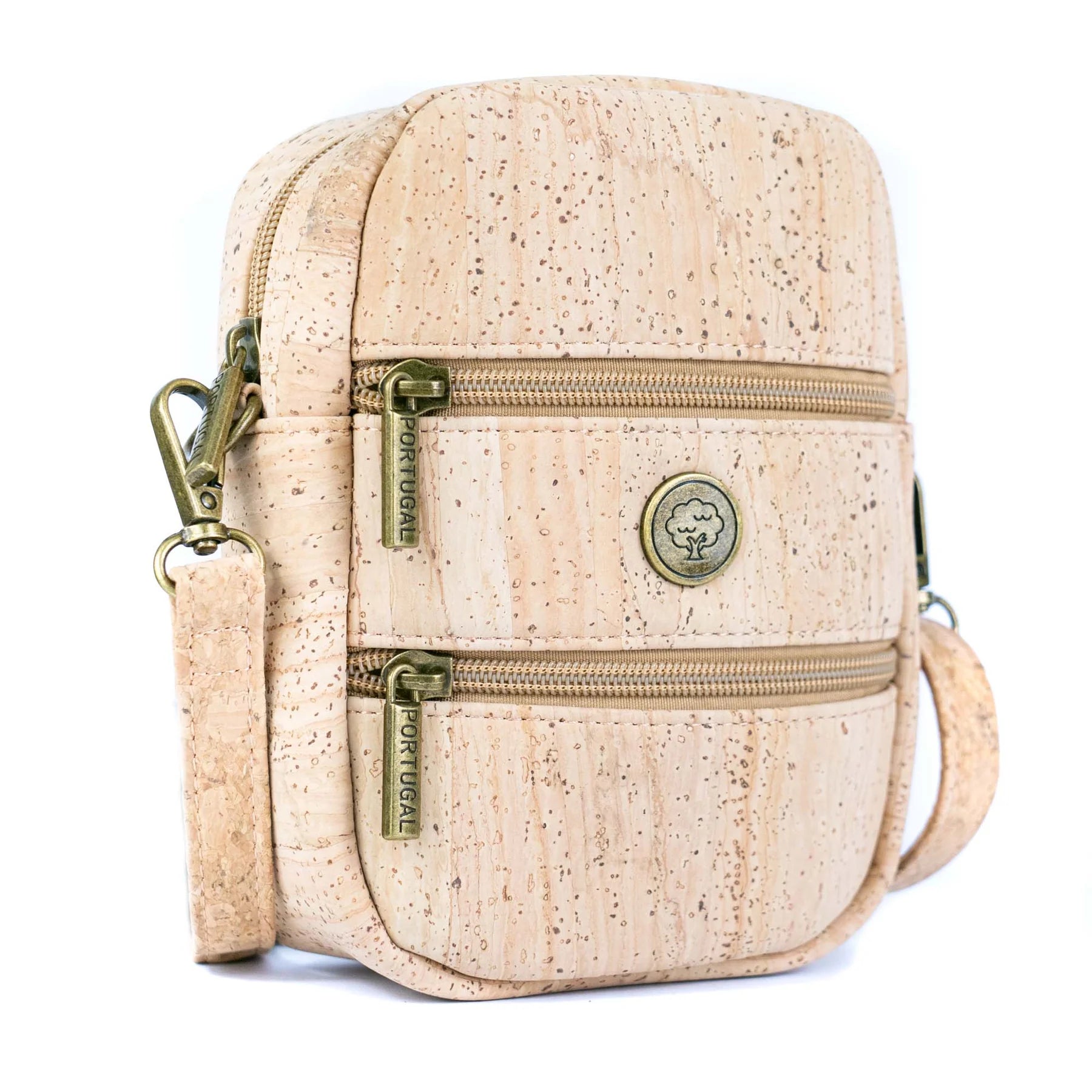 Angle side view of cork crossbody phone bag with adjustable strap