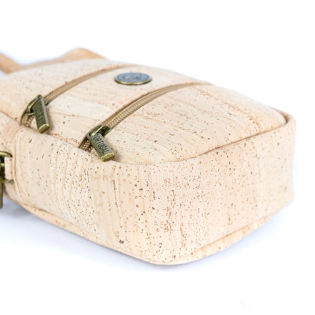 Bottom and side detail of vegan cork phone bag with natural grain