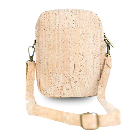 Back view of vegan cork sling purse with adjustable shoulder strap