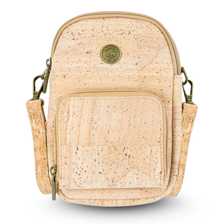 Natural cork crossbody bag front view with front zip pocket
