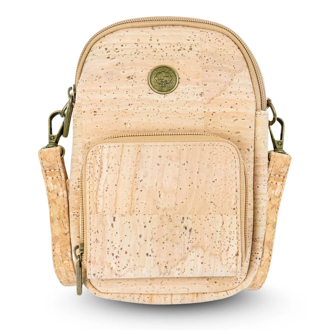 Natural cork crossbody bag front view with front zip pocket