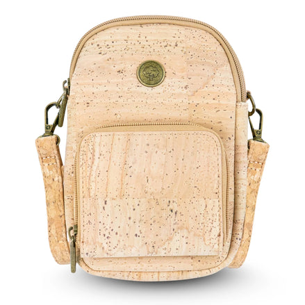 Natural cork crossbody bag front view with front zip pocket