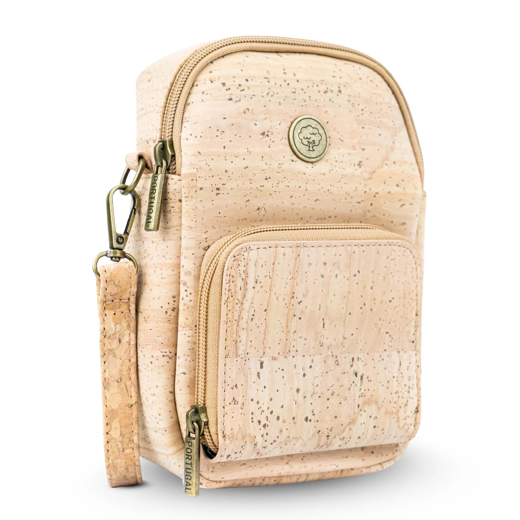 Side angled view natural cork vegan crossbody