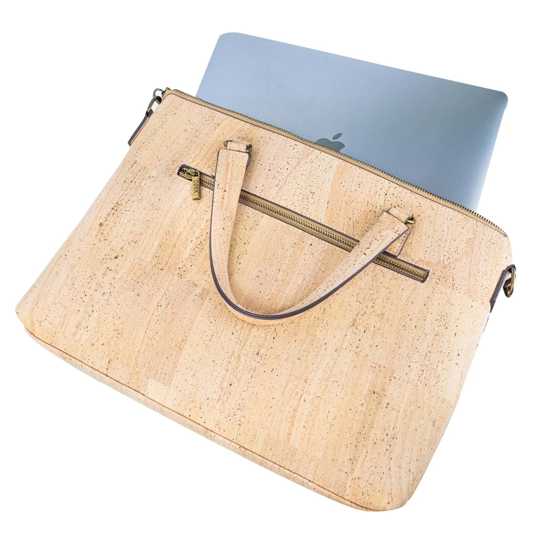 vegan cork laptop bag showing top handles
