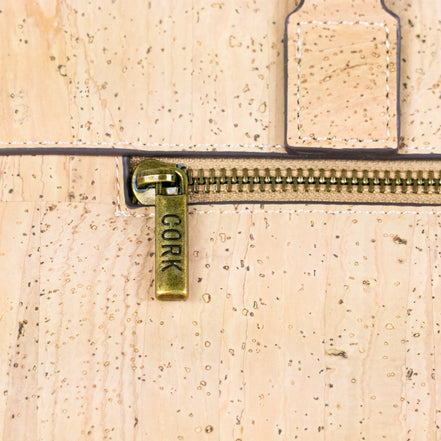 cork zipper detail natural laptop bag handbag