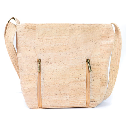 Front view of cork crossbody bag with two zipper pockets