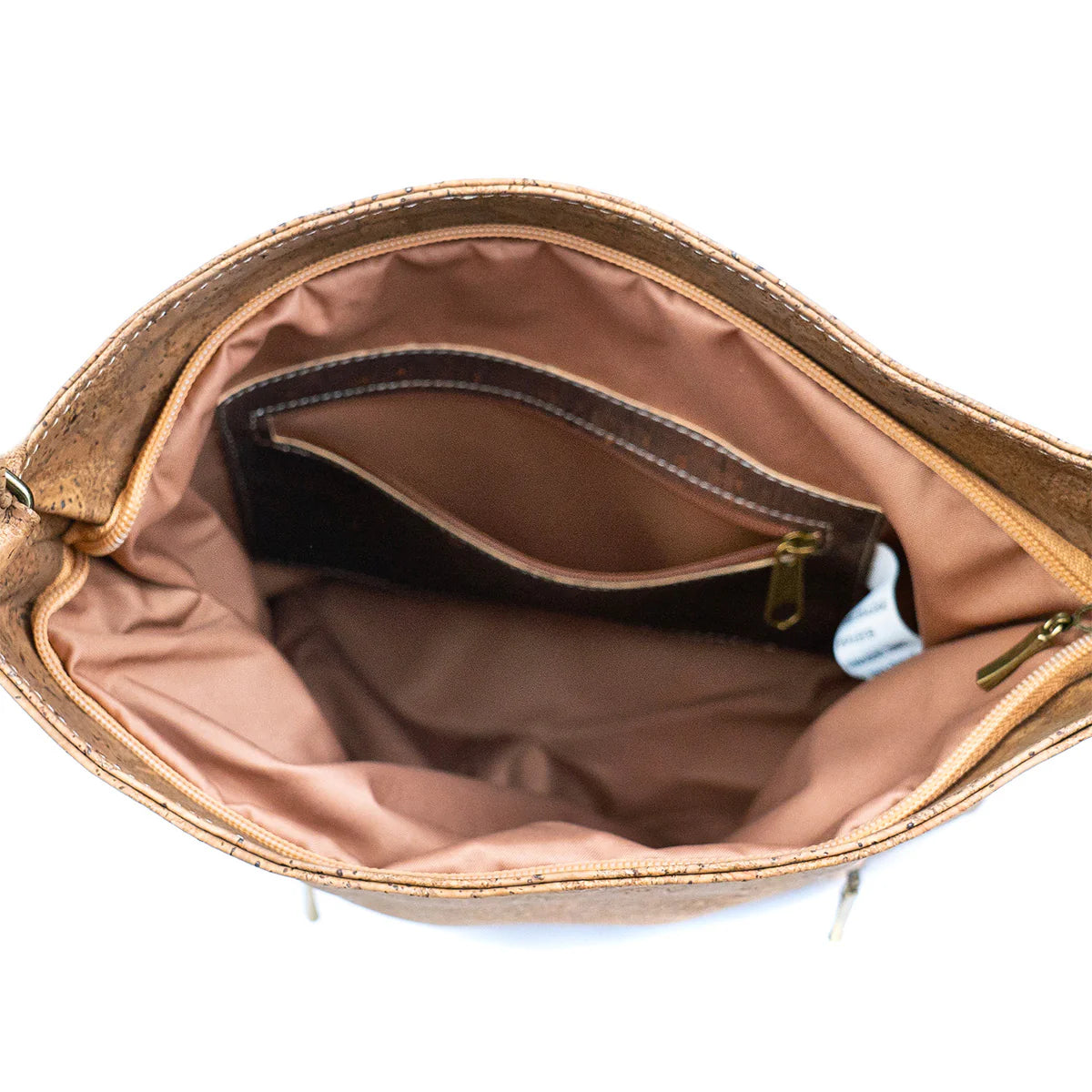 Interior of cork handbag with compartments