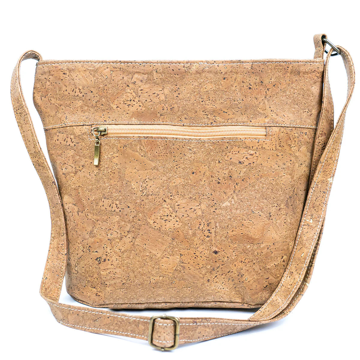 Back view of cork bag with rear zipper pocket