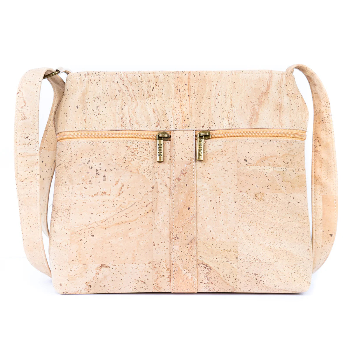 Beige cork handbag with gold zipper on a white background